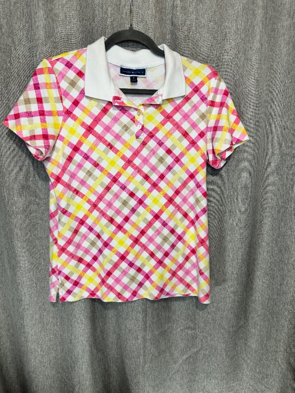 Karen Scott Plaid Short Sleeve Polo Shirt Pink Yellow White Small